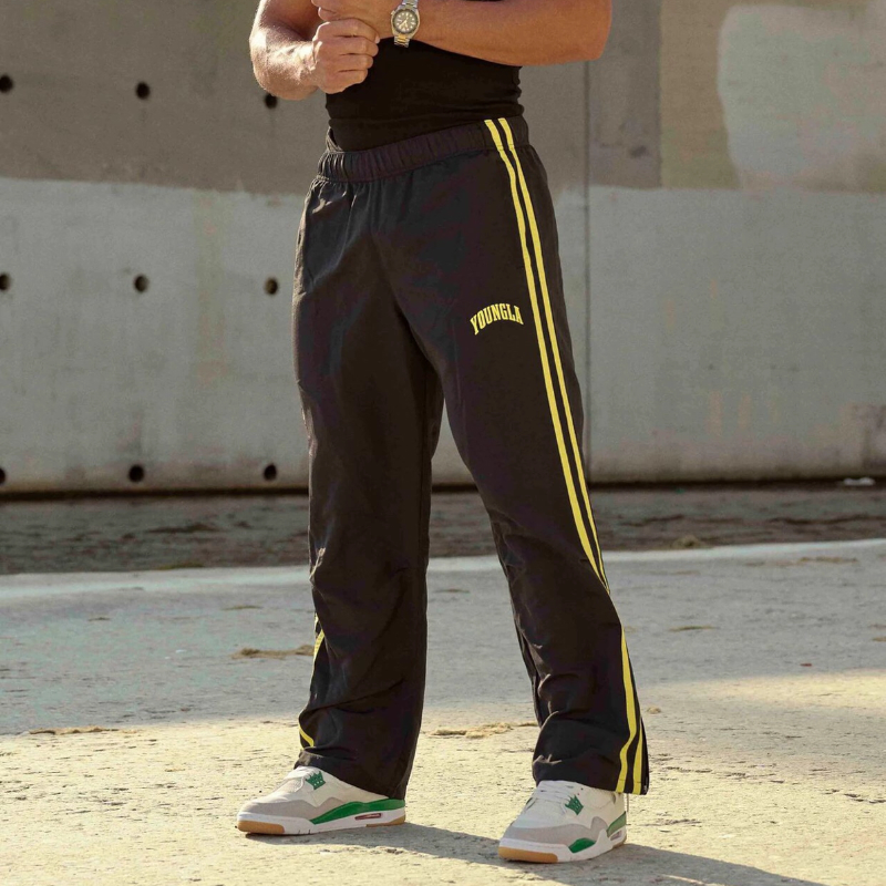 YOUNGLA男士运动裤双条拼接印花休闲裤健身房运动健身中腰直筒裤