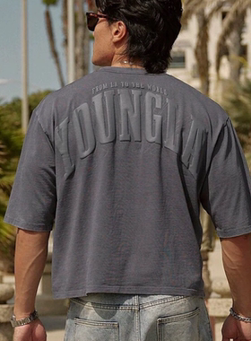 YOUNGLA美式运动T恤发泡印花纯棉健身短袖肌肉男撸铁训练宽松上衣