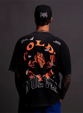 DARC SPORT&GOLD'S GYM联名美式潮牌狼头纯棉短袖圆领情侣运动t恤
