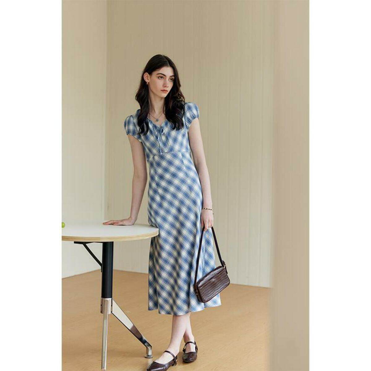 heydress法式v领格子连衣裙女夏季2024新款复古印花修身显瘦裙子