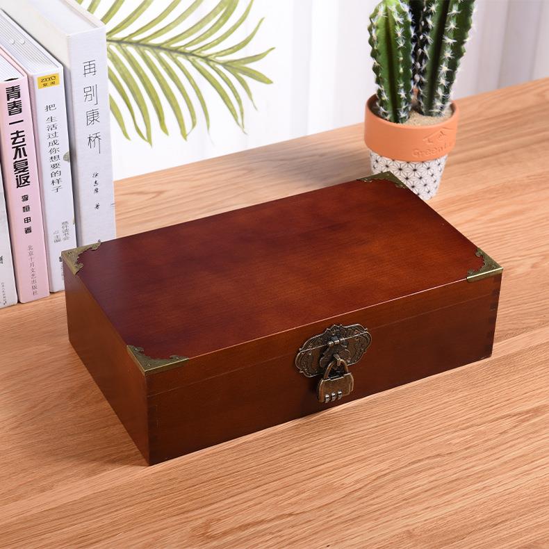 木盒子复古带锁收纳盒实木质桌面收纳箱杂物小箱子木箱子证件盒子