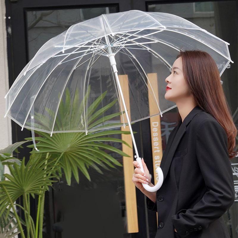 升级加固款16骨自动结实透明雨伞长柄弯钩大号双人女白色网红