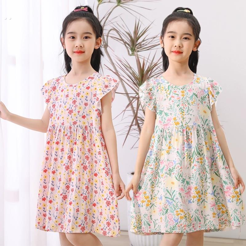 女童洋装棉绸夏季小女孩家居服宝宝镂空睡衣直筒中大童睡裙薄款