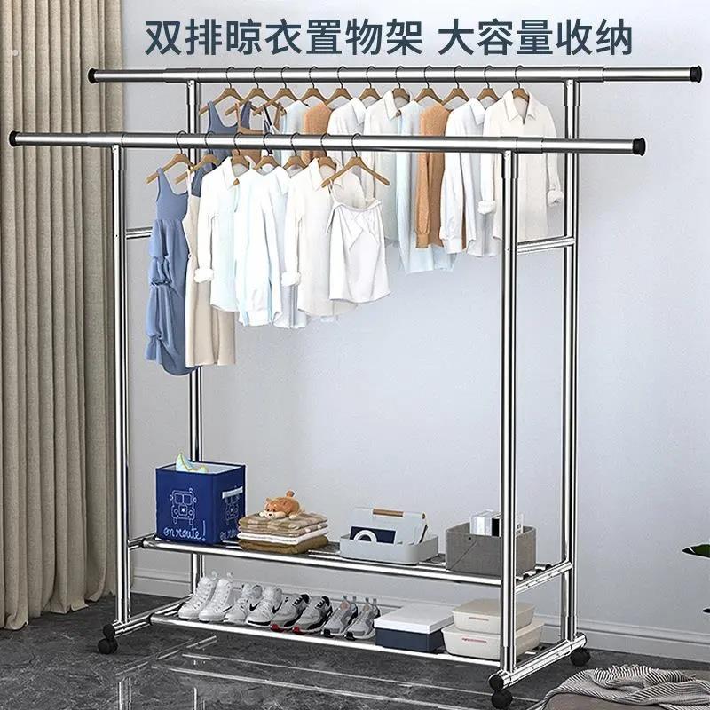 不锈钢晾衣架304加粗加厚阳台室内家用晒被子可折叠伸缩落地架304