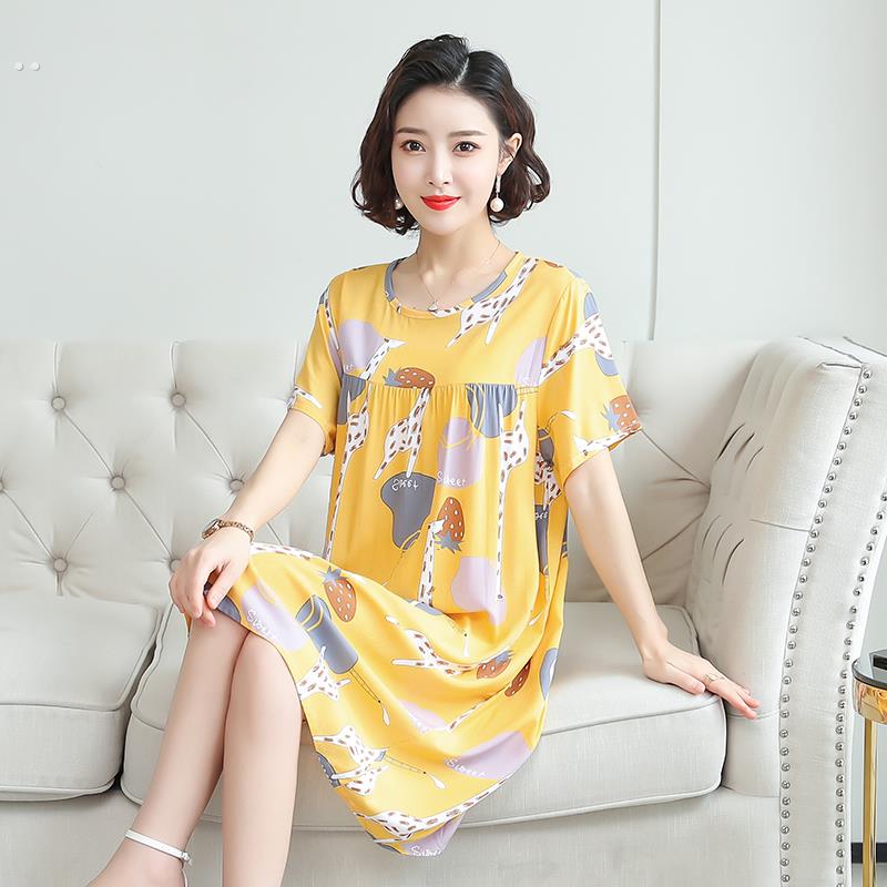 夏季女士休闲 宽松棉绸睡裙睡衣家居服短袖洋装子人造棉妈妈睡裙