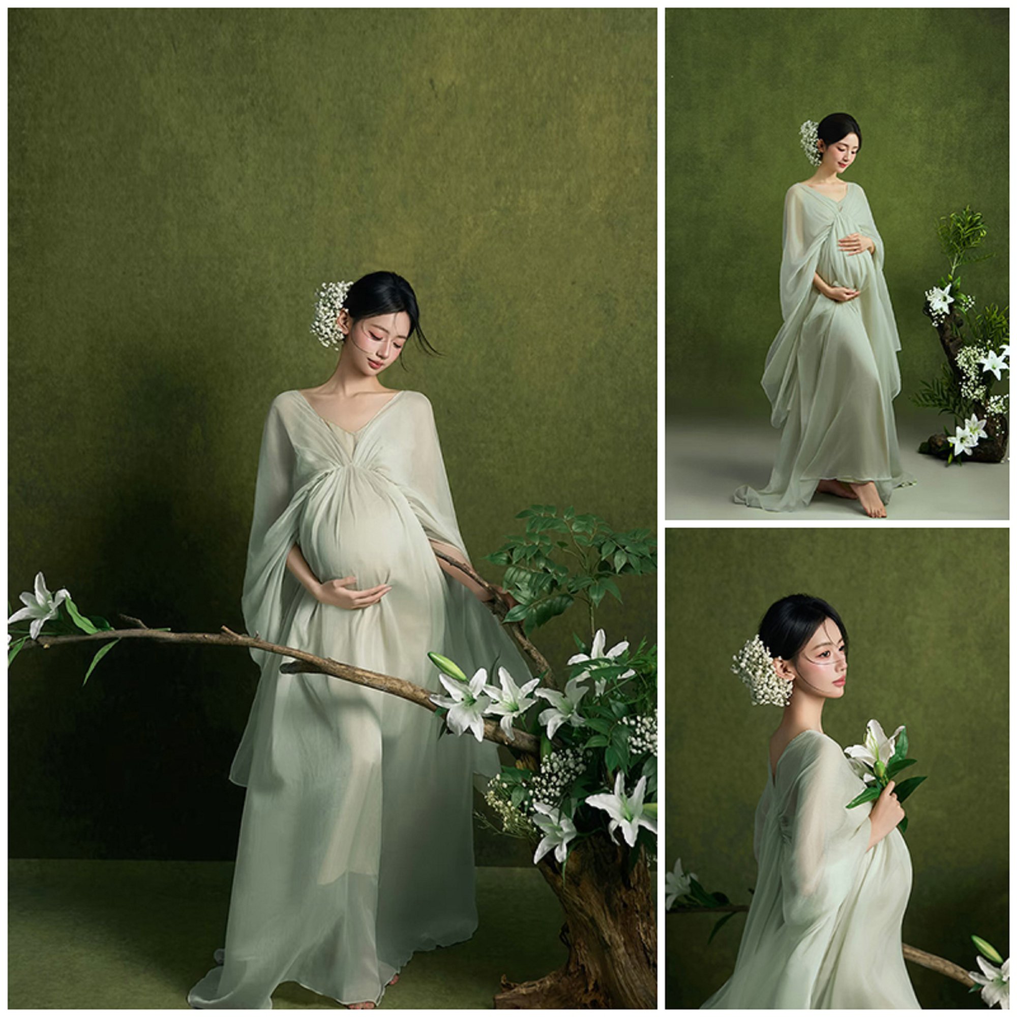 新款孕妇写真拍照服饰影楼高级感绿色纱裙连衣裙时尚温柔摄影服装