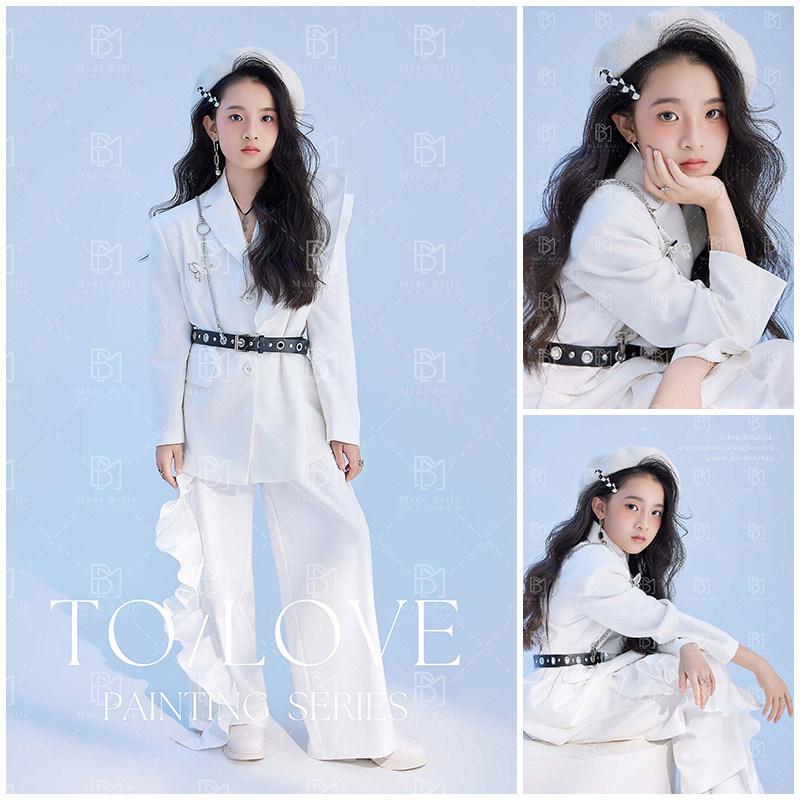 儿童摄影服装9岁-12岁女孩走秀拍照衣服白色西装洋气套装写真照