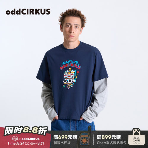 oddCIRKUS假两件长袖 日系新款合身短款假两件T恤图案男女同款