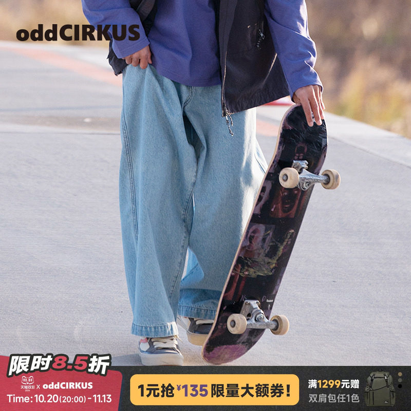 oddCIRKUS牛仔裤日系复古水洗做旧牛仔裤新款男女同款宽松长裤