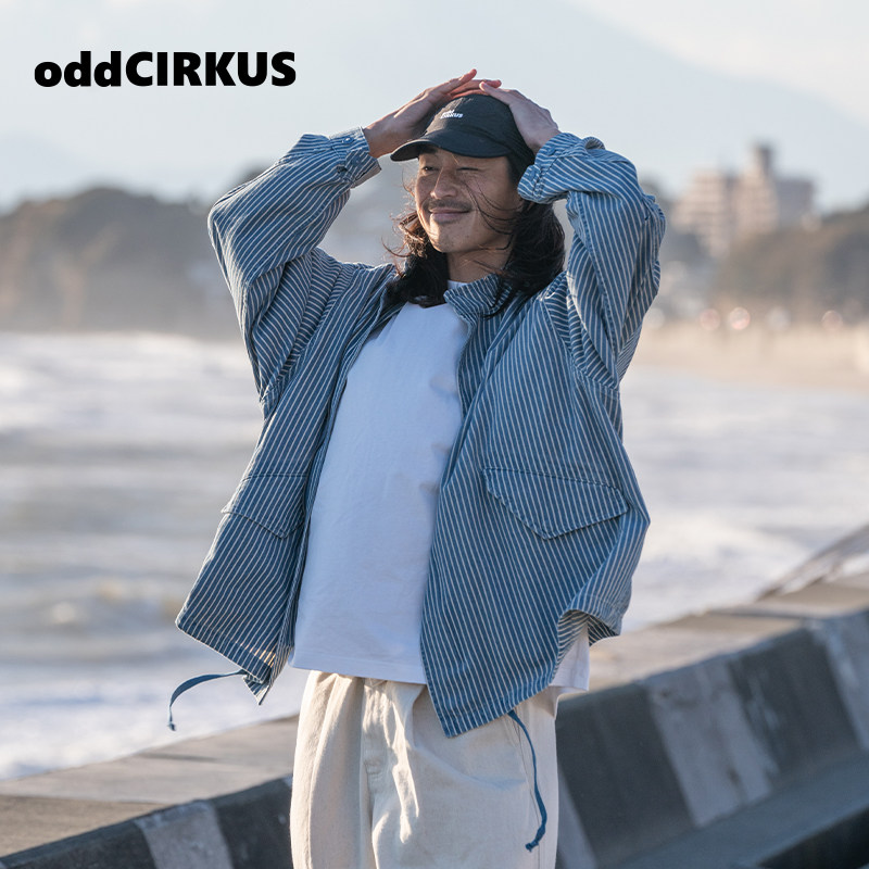 oddCIRKUS牛仔外套日系条纹水洗牛仔外套新款立领夹克男女同款