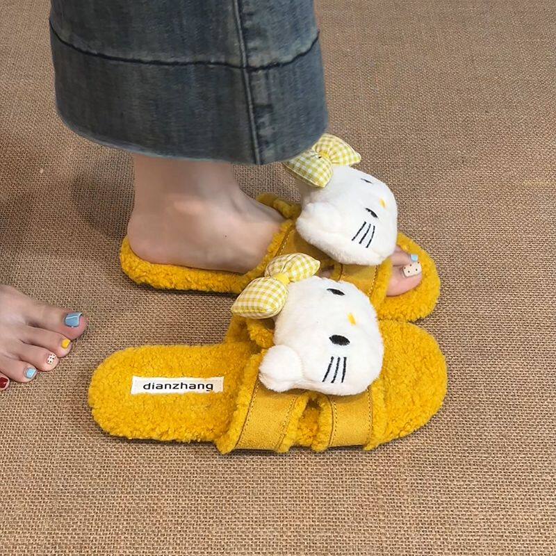 可爱卡通露趾奶呼呼毛毛鞋女2025秋冬新款KT猫百搭休闲外穿一字拖,女鞋,一字拖,淘宝优惠券,粉丝福利购,淘宝优惠卷