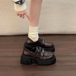 英伦风厚底玛丽珍鞋女款2025秋冬一脚蹬粗跟双扣带百搭复古小皮鞋