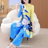 宅两 三洋气高级感褶皱印花套装 上衣直筒裤 七分袖 881 女立领中长款