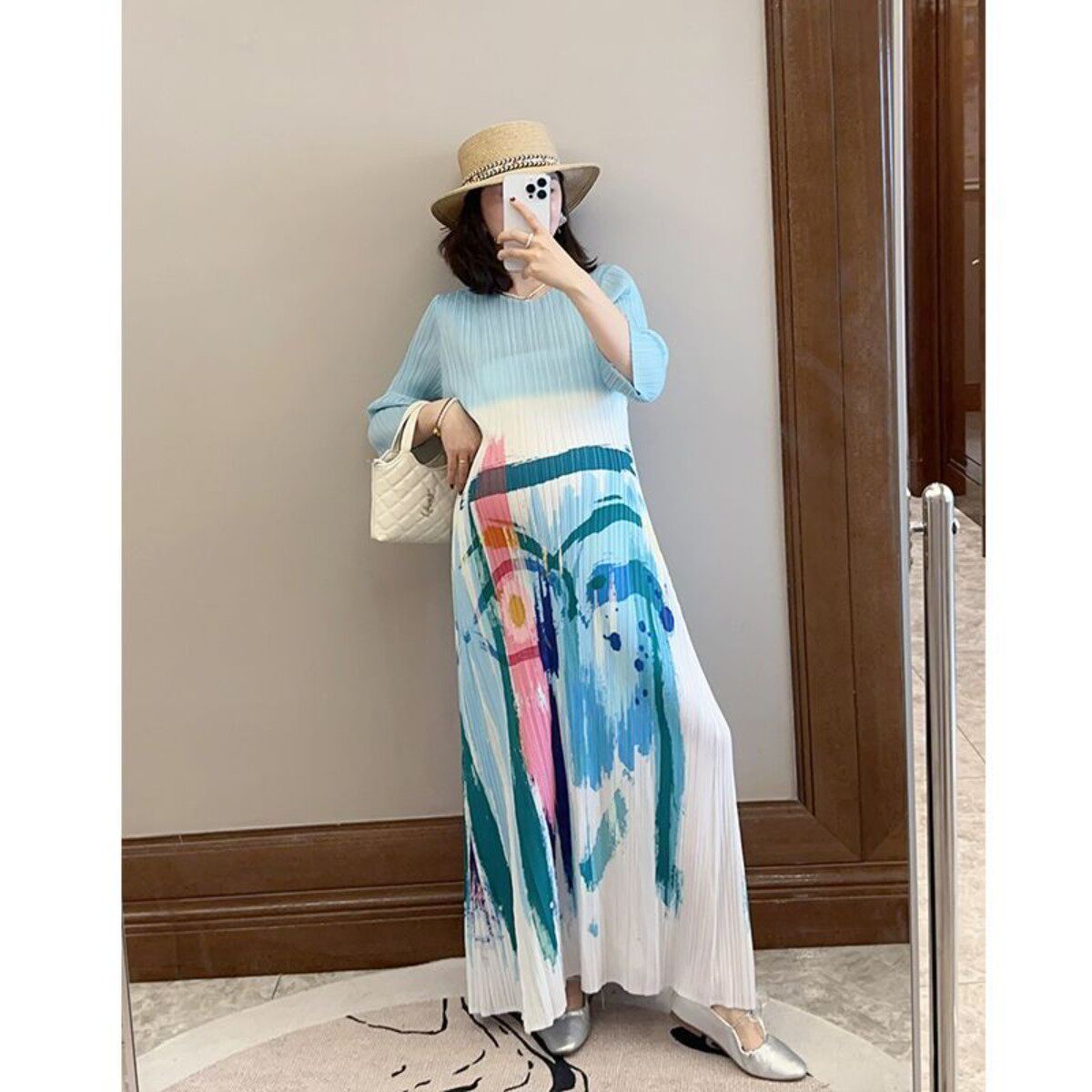 褶皱孕妇装夏季新款设计感印花褶皱长款连衣裙