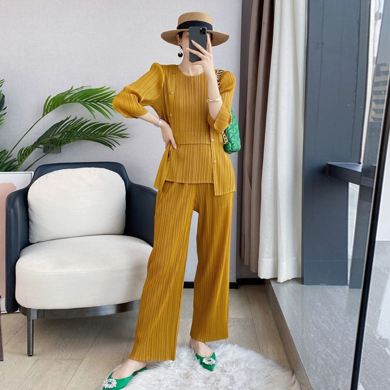 宅褶皱轻奢女装2025新款假两件气质时尚套装上衣直筒裤两件三 015