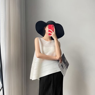 三多色宅褶皱高级感百搭上衣仙不规则无袖设计款小众百褶圆领显瘦