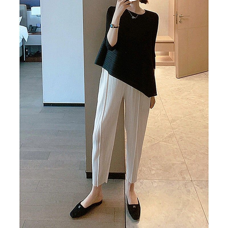 宅褶皱宽松九分罗卜裤女夏季薄款裤子2025新款松紧腰小脚哈三 062