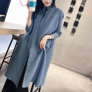 褶皱立领风衣外套女秋装2025年新款中袖遮屁股中长款开衫077#