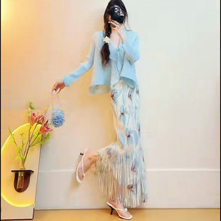 褶皱夏季印花流苏半身裙2026套装女高腰显瘦两件套时尚女装