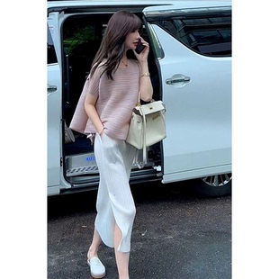 港味气质洋气白色开叉连衣裙子高级感 夏季 女装 休闲时尚 轻熟风套装