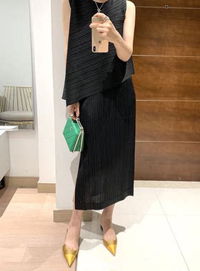 2025侧开叉 松紧腰口袋宅皱褶压褶直筒中长版铅笔裙半身裙女