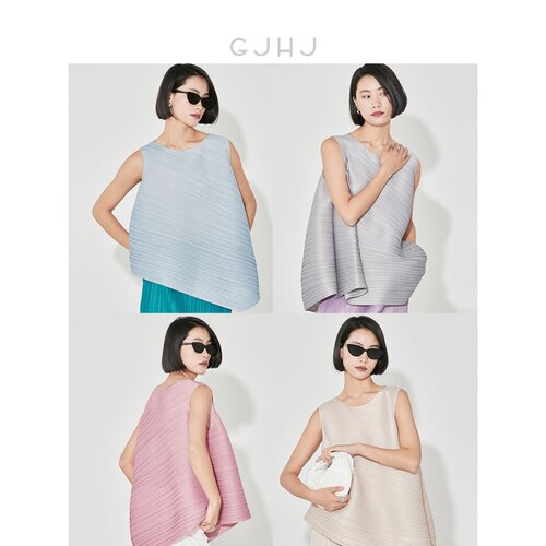 GJHJ 褶皱背心女夏季2025新款纯色无袖上衣宽松好穿气质百搭
