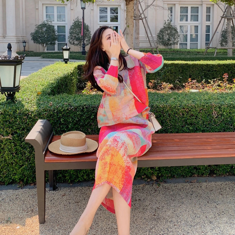 宅褶皱套装裙高端女装高级感花印连衣裙两件套装2025新款夏