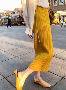 宅褶皱黄色半身裙女夏薄款高级感小个子雪纺中长版 003后开叉三