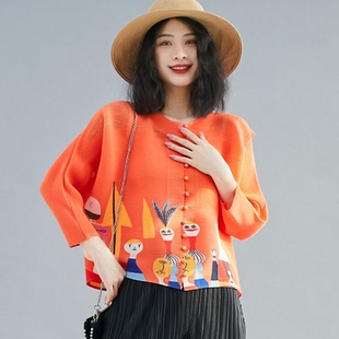 气质三 宅褶皱新品 印花洋气蝙蝠袖 上衣包扣桔色小个子女装 881 新款