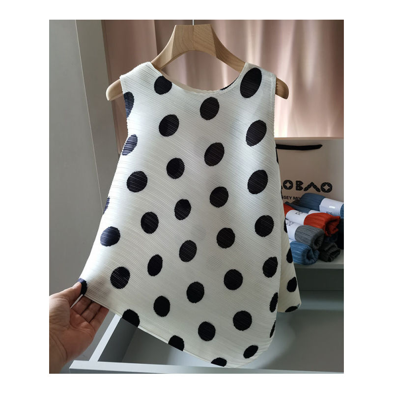 减龄洋气波点印花褶皱上衣女休闲百搭宽松显瘦不规则无袖背心 112