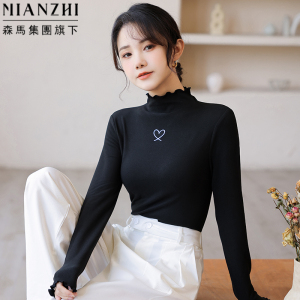 森马集团棉致半高领打底衫女t恤秋季德绒木耳领修身长袖上衣内搭