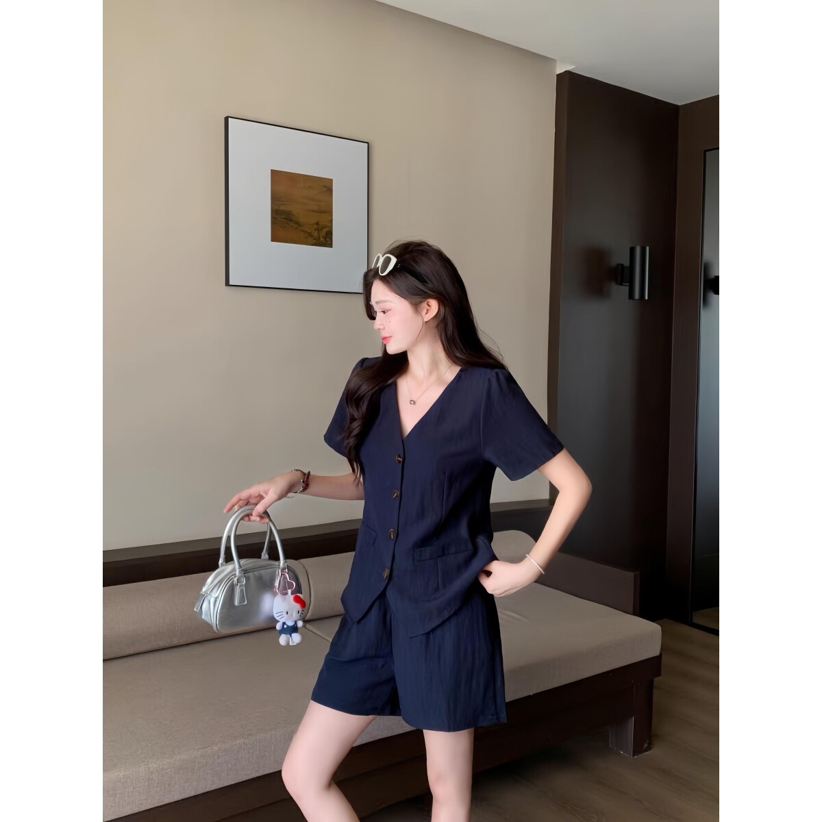 大码胖mm女夏季衬衫短裤套装气质显瘦洋气时尚百搭修身设计感法式