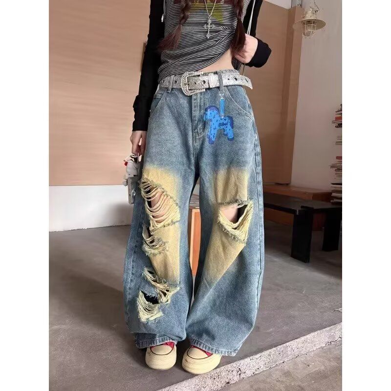 辣到中暑美式复古街头风脏染做旧破洞弯刀牛仔裤宽松阔腿拖地裤