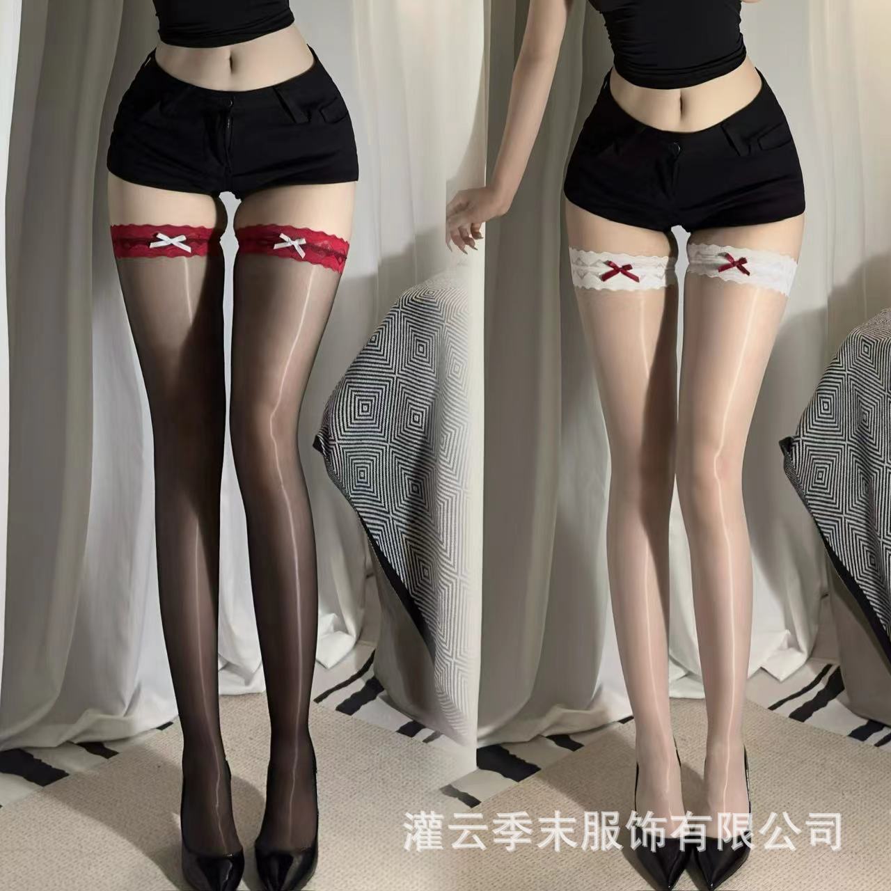 极光超薄蕾丝蝴蝶结撞色半截