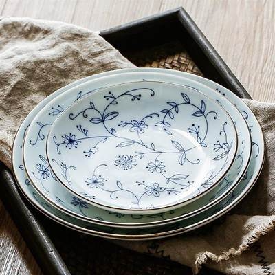 日本进口陶瓷日式釉下餐具线唐草米饭碗汤面碗盘子碟子家用套装