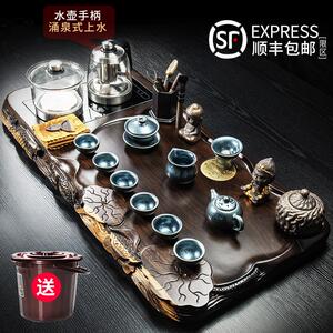 黑檀实木茶盘功夫茶具套装家用整套全自动烧水一体客厅边雕泡茶台