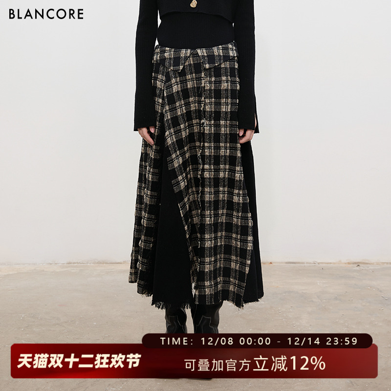 BLANCORE新品不规则格子拼接半裙