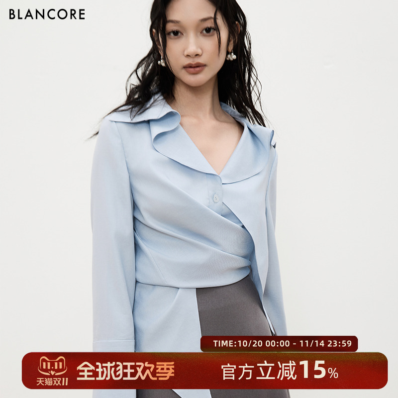 BLANCORE不规则多穿蓝色V领衬衫
