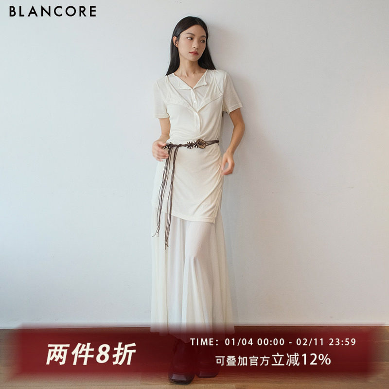 【设计师品牌BLANCORE】25夏新款假两件拼纱波嬉风连衣裙含腰带