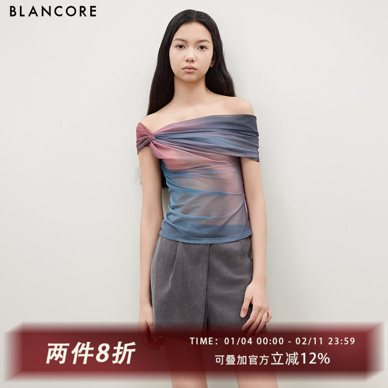 【设计师品牌BLANCORE】2025夏季新款晕染印花网纱一字肩上衣女,女装/女士精品,T恤,淘宝优惠券,粉丝福利购,淘宝优惠卷