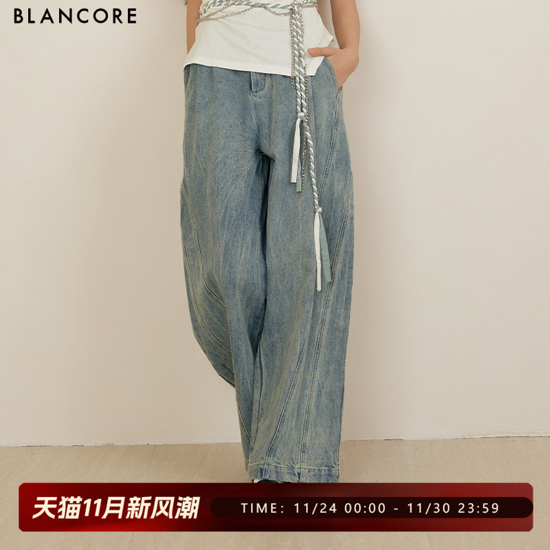 BLANCORE斜分割双腰头阔腿牛仔裤