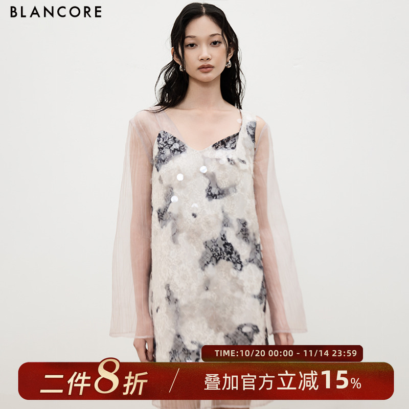 BLANCORE拼接蕾丝亮片短连衣裙