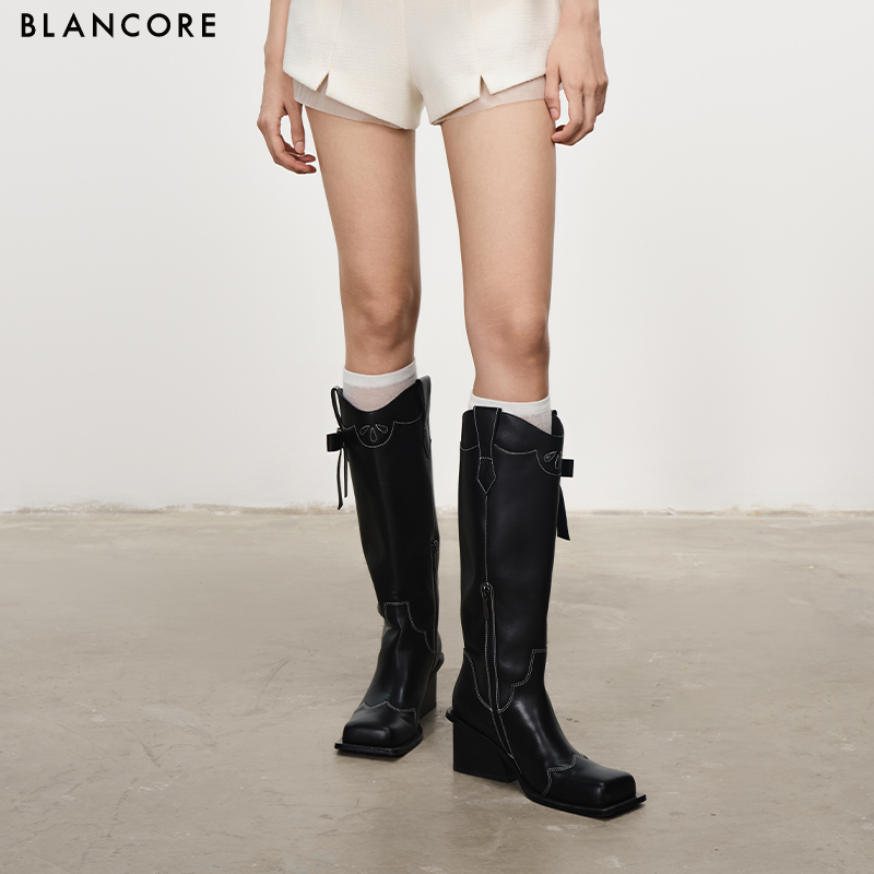 BLANCORE2024宽筒绣线装饰长靴