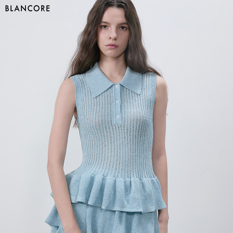 【明星同款】BLANCORE2026夏新品冰川蓝荷叶边针织背心上衣半裙裤