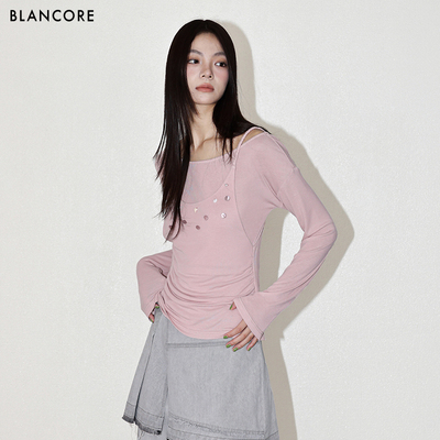 BLANCORE斜肩假两件轻盈上衣