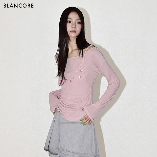 BLANCORE斜肩假两件轻盈上衣