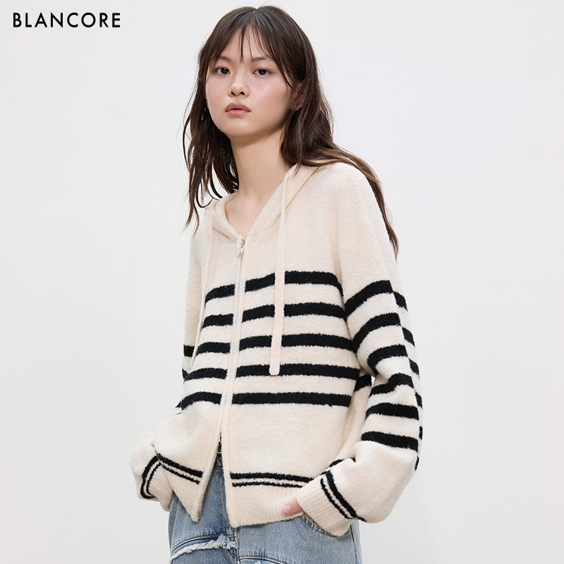 BLANCORE牦牛绒羊毛条纹毛衣外套