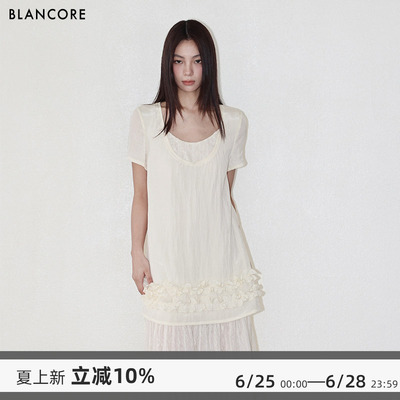 BLANCORE拼纱短袖直筒连衣裙
