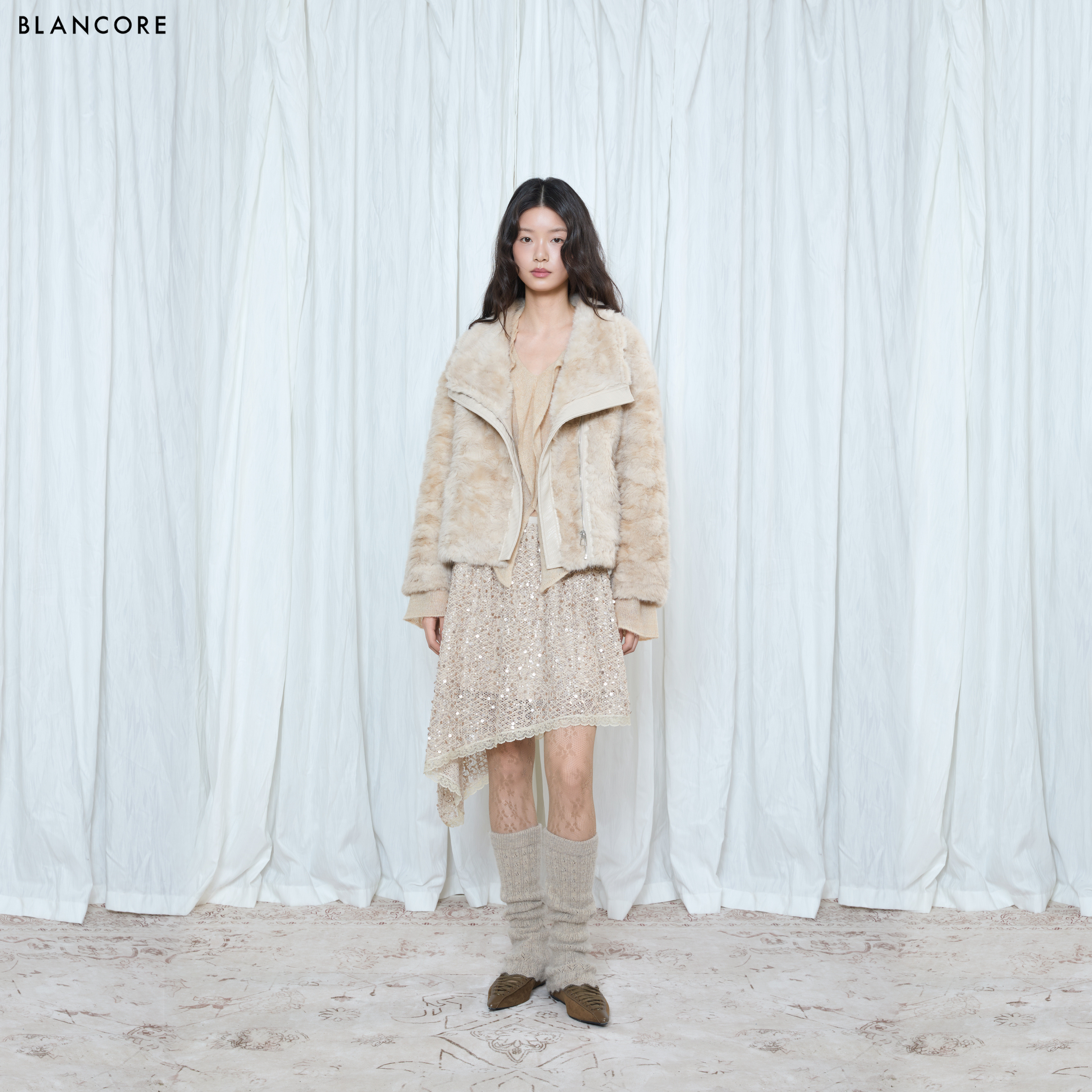 【设计师品牌BLANCORE】26冬季新品翻领香槟色环保皮草外套