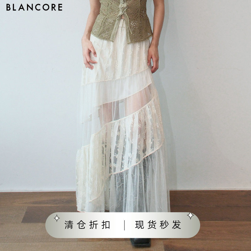 【设计师品牌BLANCORE】2025夏新款蕾丝拼接网纱透视度假风半身裙